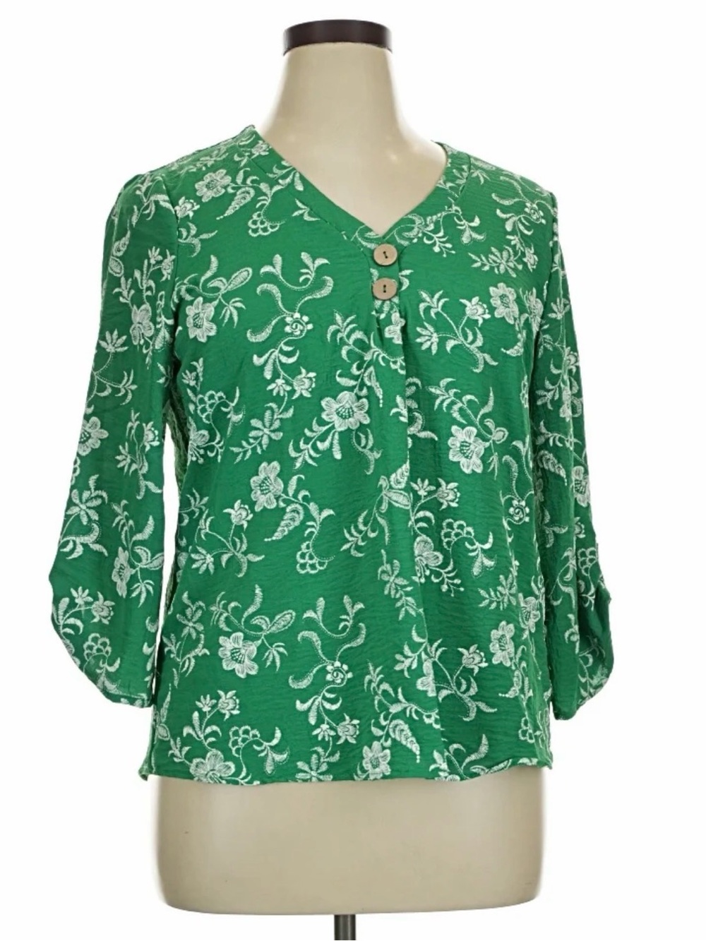 CURE brand,Green Floral Print V-Neck Accent Top
